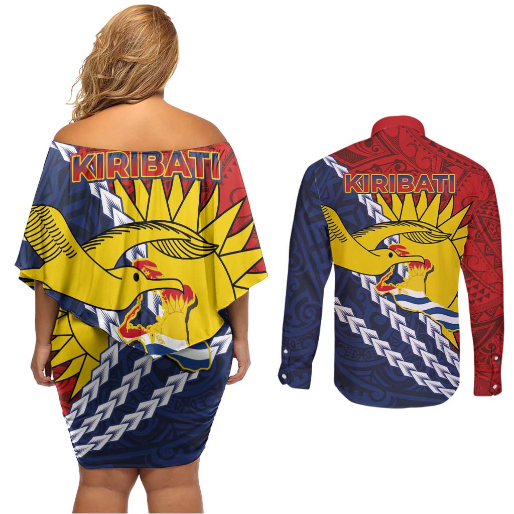 Kiribati Independence Day Couples Matching Off Shoulder Short Dress and Long Sleeve Button Shirt Polynesian and Melanesian Art Tattoo