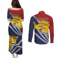 Kiribati Independence Day Couples Matching Puletasi and Long Sleeve Button Shirt Polynesian and Melanesian Art Tattoo
