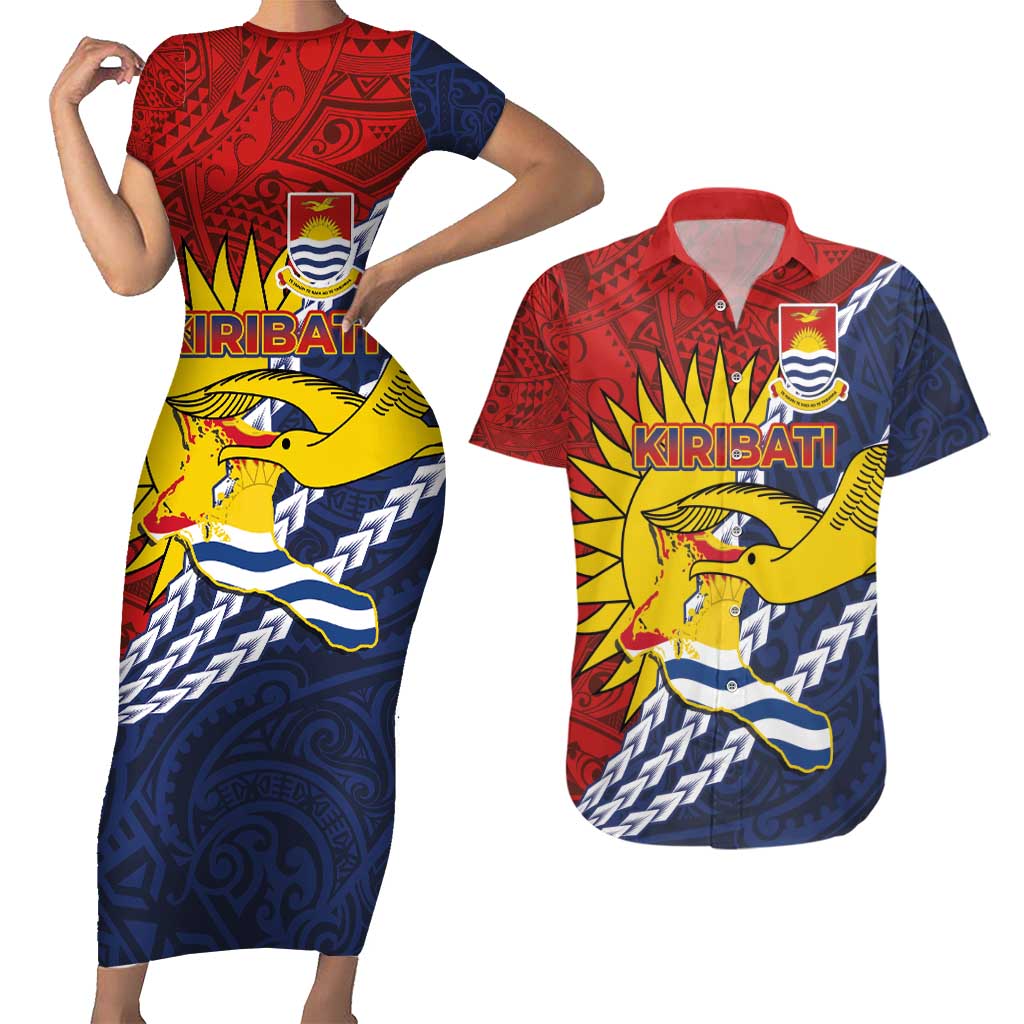 Kiribati Independence Day Couples Matching Short Sleeve Bodycon Dress and Hawaiian Shirt Polynesian and Melanesian Art Tattoo