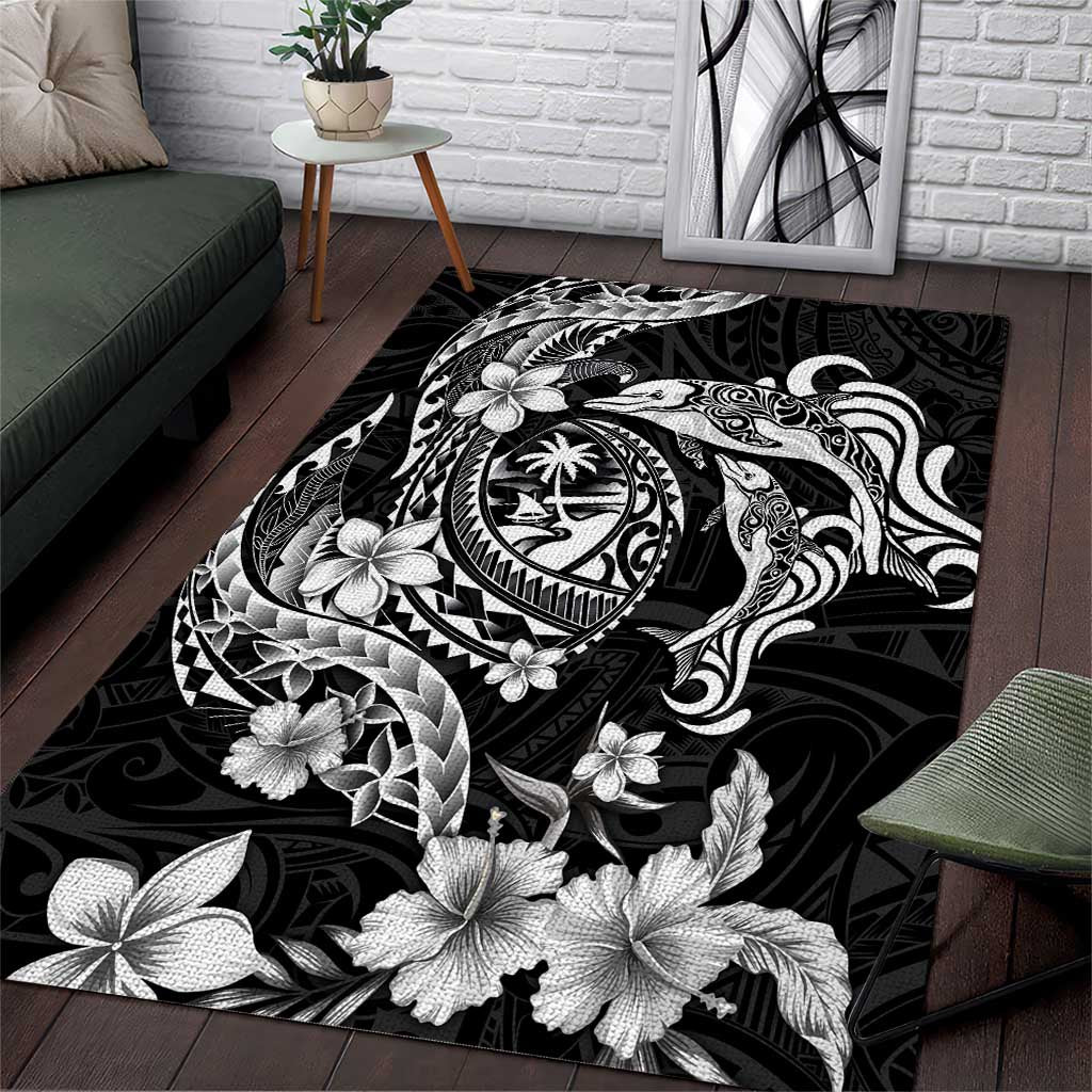 Guam Dolphins Tribal Tattoo Area Rug Polynesian Art and Tropical Flower Grayscale