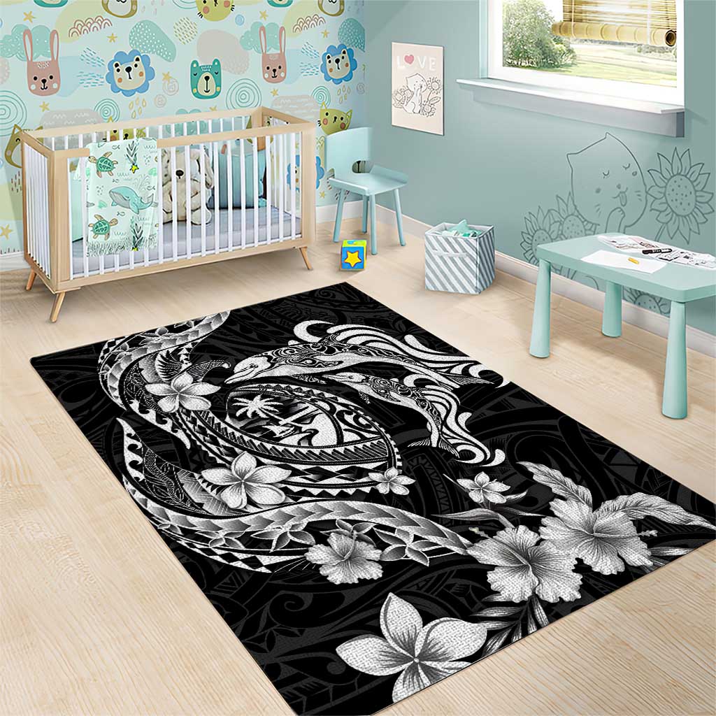 Guam Dolphins Tribal Tattoo Area Rug Polynesian Art and Tropical Flower Grayscale
