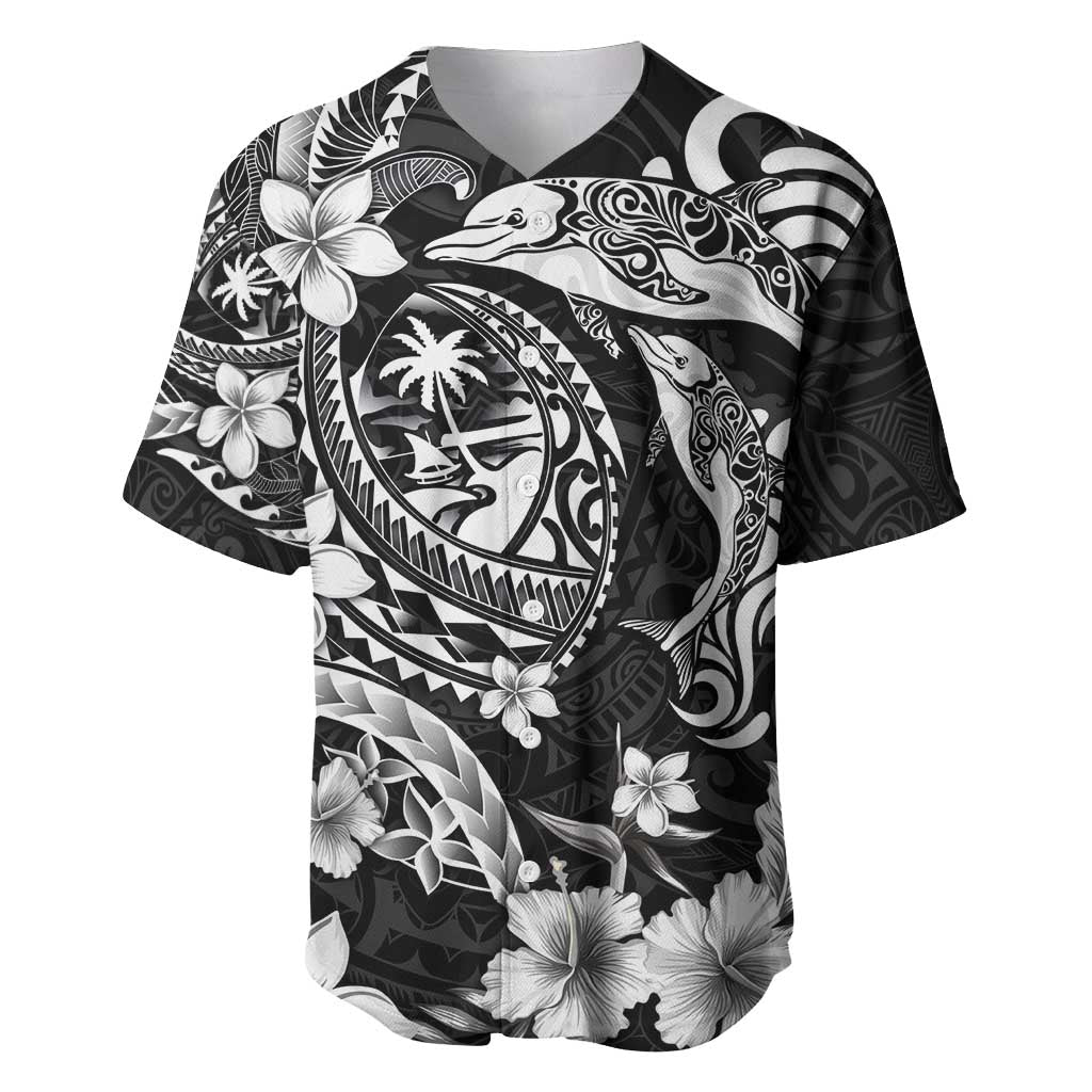 Guam Dolphins Tribal Tattoo Baseball Jersey Polynesian Art and Tropical Flower Grayscale
