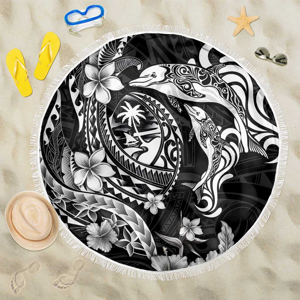 Guam Dolphins Tribal Tattoo Beach Blanket Polynesian Art and Tropical Flower Grayscale