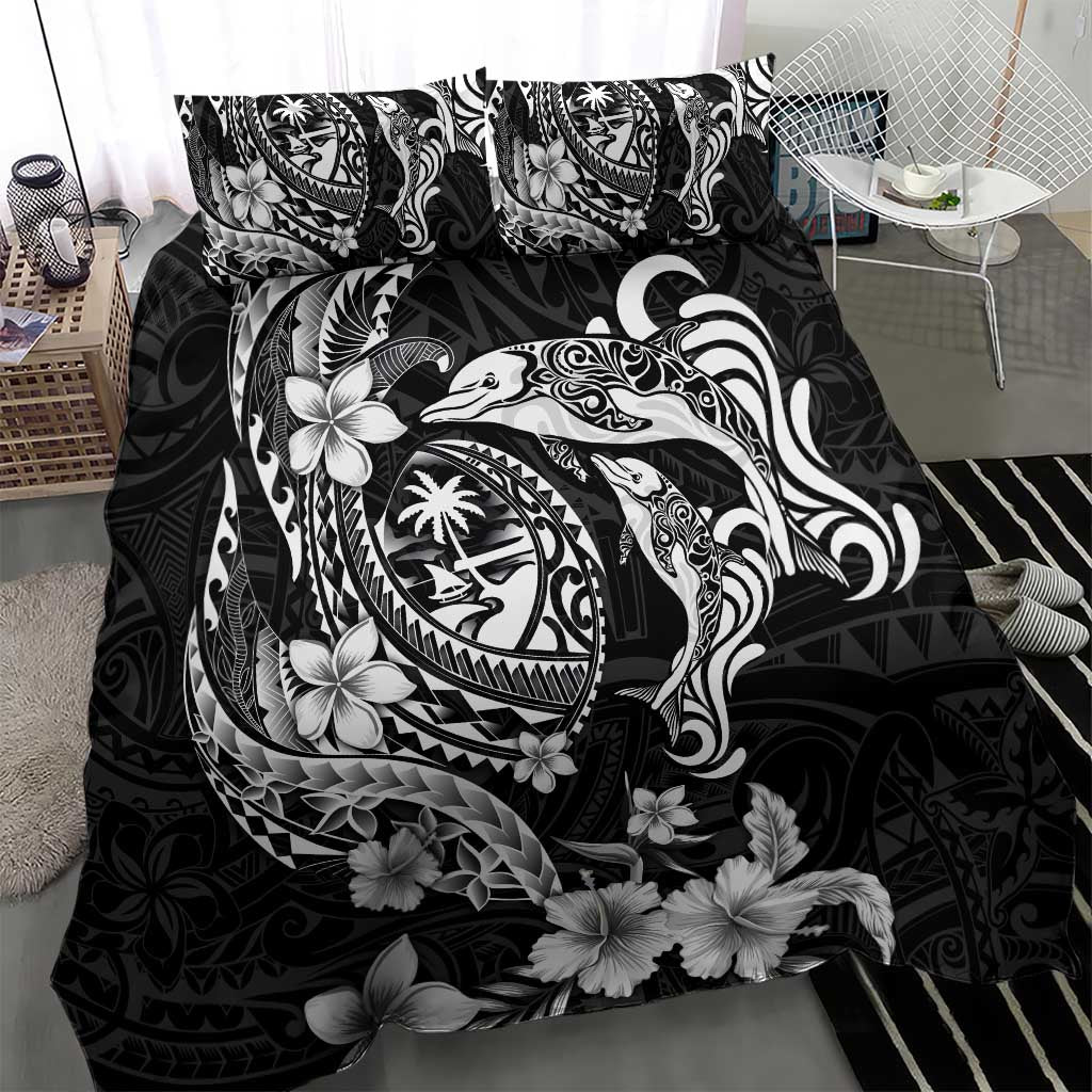 Guam Dolphins Tribal Tattoo Bedding Set Polynesian Art and Tropical Flower Grayscale