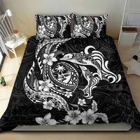 Guam Dolphins Tribal Tattoo Bedding Set Polynesian Art and Tropical Flower Grayscale