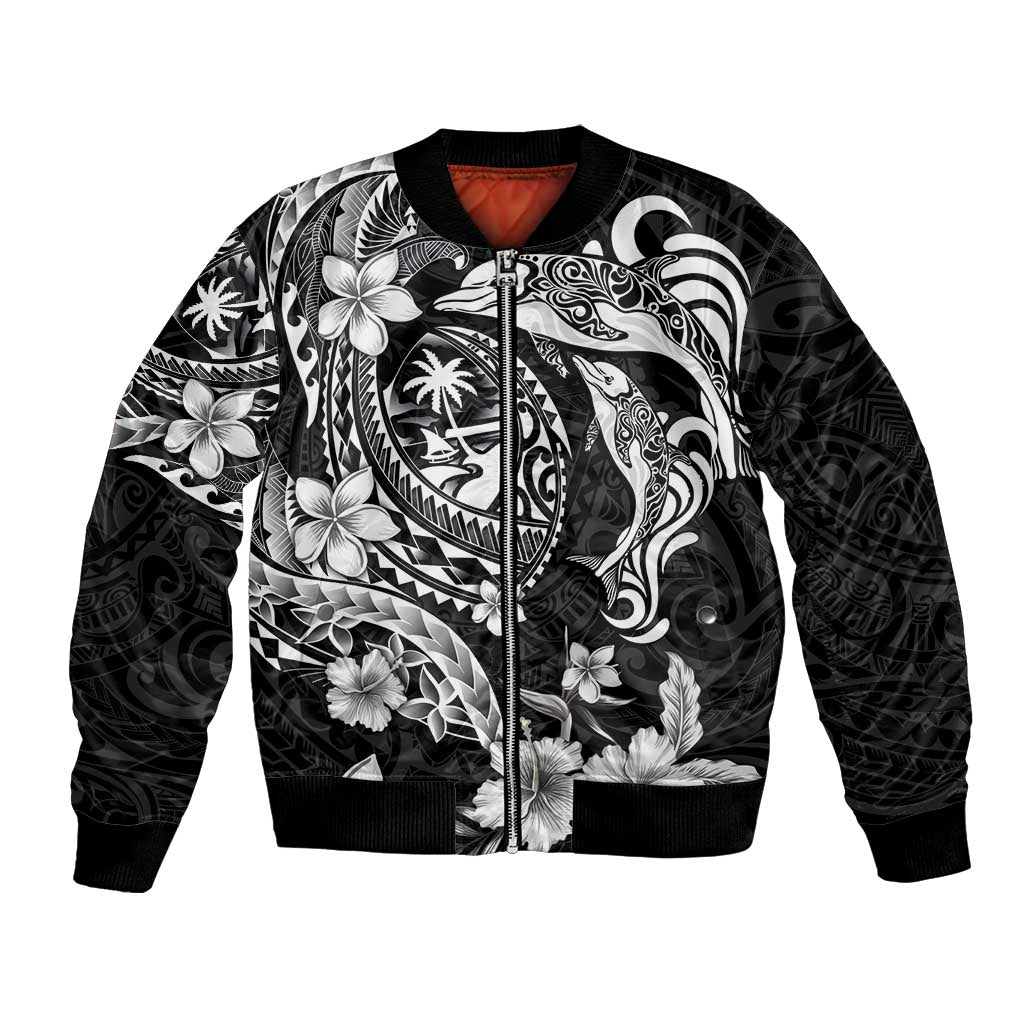 Guam Dolphins Tribal Tattoo Bomber Jacket Polynesian Art and Tropical Flower Grayscale LT03 Unisex Black - Polynesian Pride