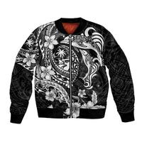 Guam Dolphins Tribal Tattoo Bomber Jacket Polynesian Art and Tropical Flower Grayscale LT03 Unisex Black - Polynesian Pride
