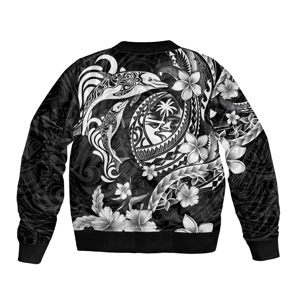 Guam Dolphins Tribal Tattoo Bomber Jacket Polynesian Art and Tropical Flower Grayscale LT03 - Polynesian Pride