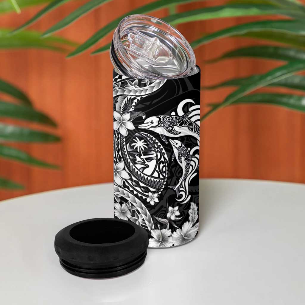 Guam Dolphins Tribal Tattoo 4 in 1 Can Cooler Tumbler Polynesian Art and Tropical Flower Grayscale