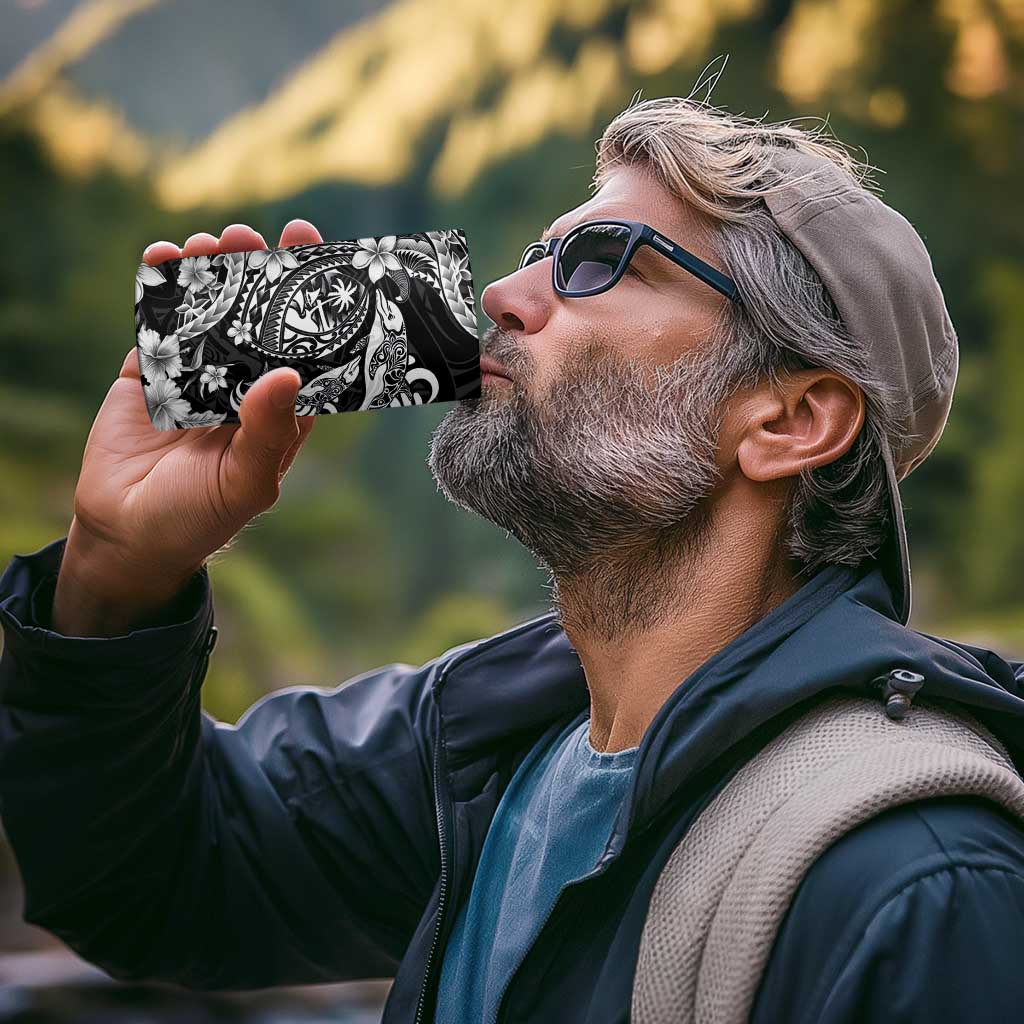 Guam Dolphins Tribal Tattoo 4 in 1 Can Cooler Tumbler Polynesian Art and Tropical Flower Grayscale