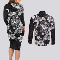 Guam Dolphins Tribal Tattoo Couples Matching Long Sleeve Bodycon Dress and Long Sleeve Button Shirt Polynesian Art and Tropical Flower Grayscale
