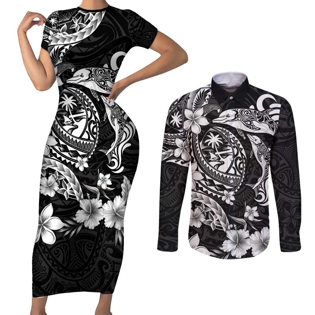 Guam Dolphins Tribal Tattoo Couples Matching Short Sleeve Bodycon Dress and Long Sleeve Button Shirt Polynesian Art and Tropical Flower Grayscale