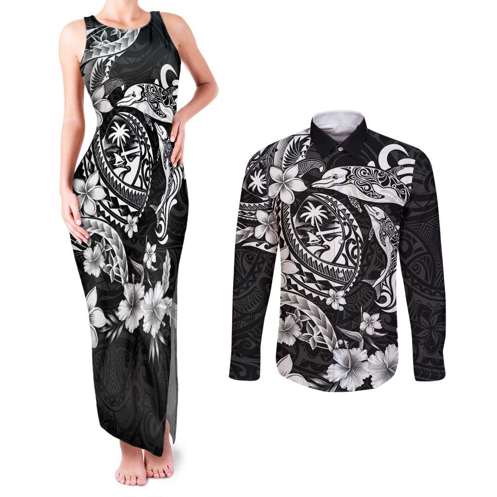 Guam Dolphins Tribal Tattoo Couples Matching Tank Maxi Dress and Long Sleeve Button Shirt Polynesian Art and Tropical Flower Grayscale