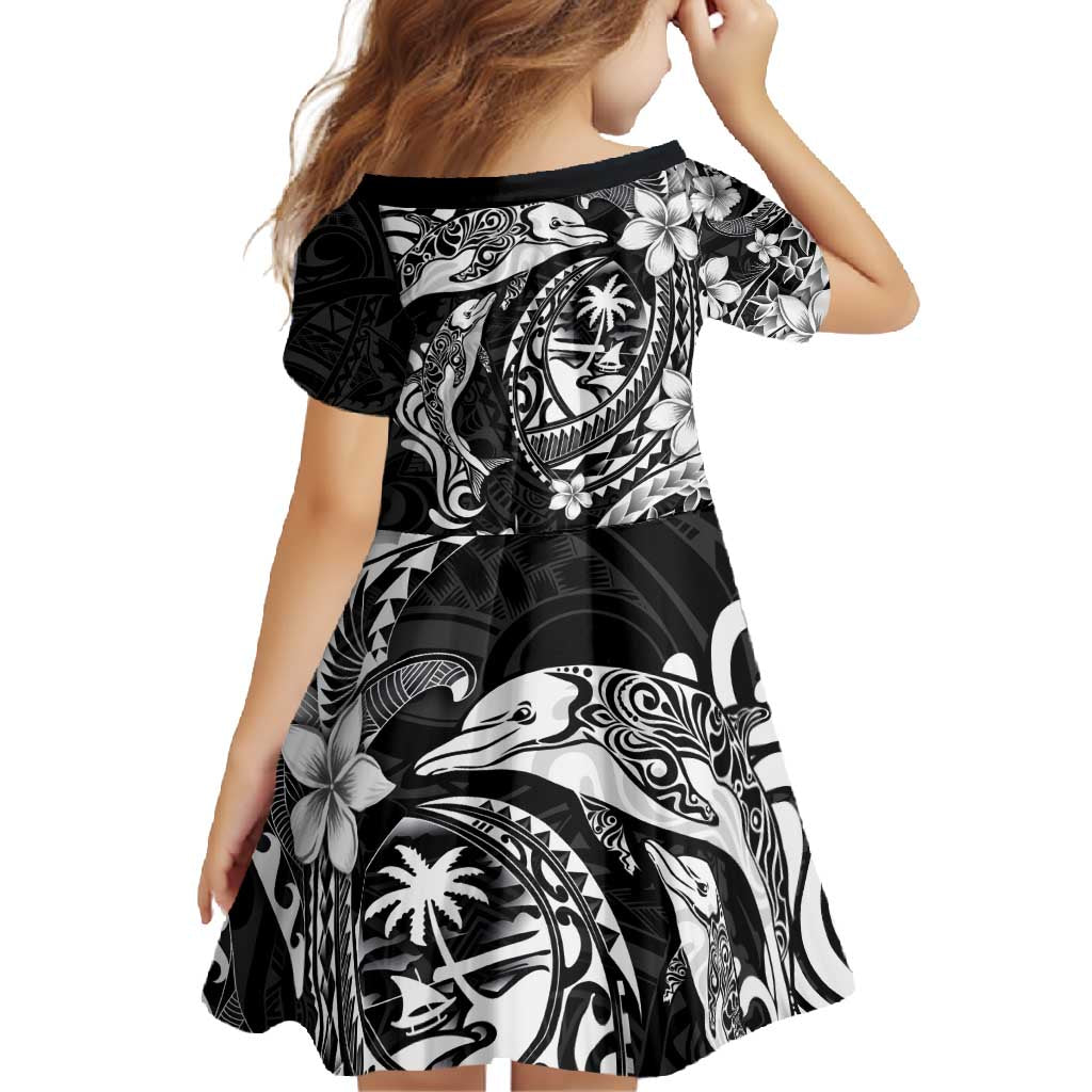 Guam Dolphins Tribal Tattoo Family Matching Long Sleeve Bodycon Dress and Hawaiian Shirt Polynesian Art and Tropical Flower Grayscale