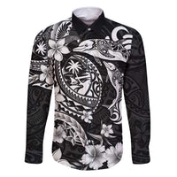 Guam Dolphins Tribal Tattoo Family Matching Long Sleeve Bodycon Dress and Hawaiian Shirt Polynesian Art and Tropical Flower Grayscale
