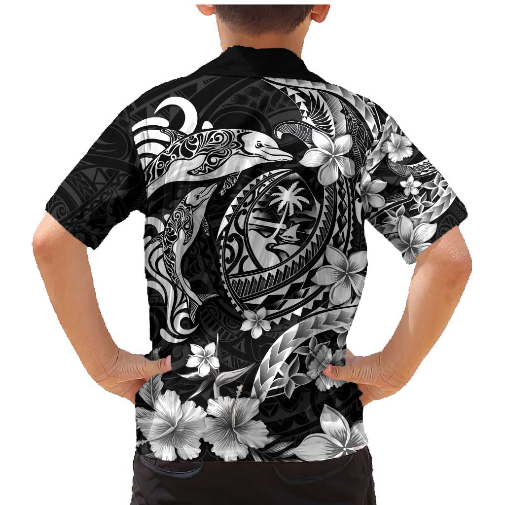 Guam Dolphins Tribal Tattoo Family Matching Mermaid Dress and Hawaiian Shirt Polynesian Art and Tropical Flower Grayscale