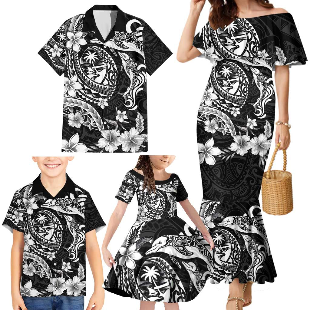Guam Dolphins Tribal Tattoo Family Matching Mermaid Dress and Hawaiian Shirt Polynesian Art and Tropical Flower Grayscale