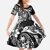 Guam Dolphins Tribal Tattoo Family Matching Off The Shoulder Long Sleeve Dress and Hawaiian Shirt Polynesian Art and Tropical Flower Grayscale