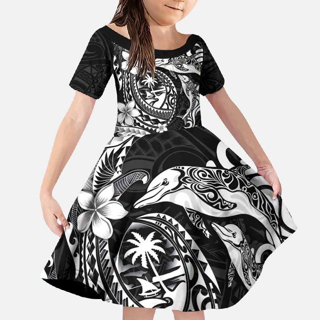 Guam Dolphins Tribal Tattoo Family Matching Off Shoulder Maxi Dress and Hawaiian Shirt Polynesian Art and Tropical Flower Grayscale