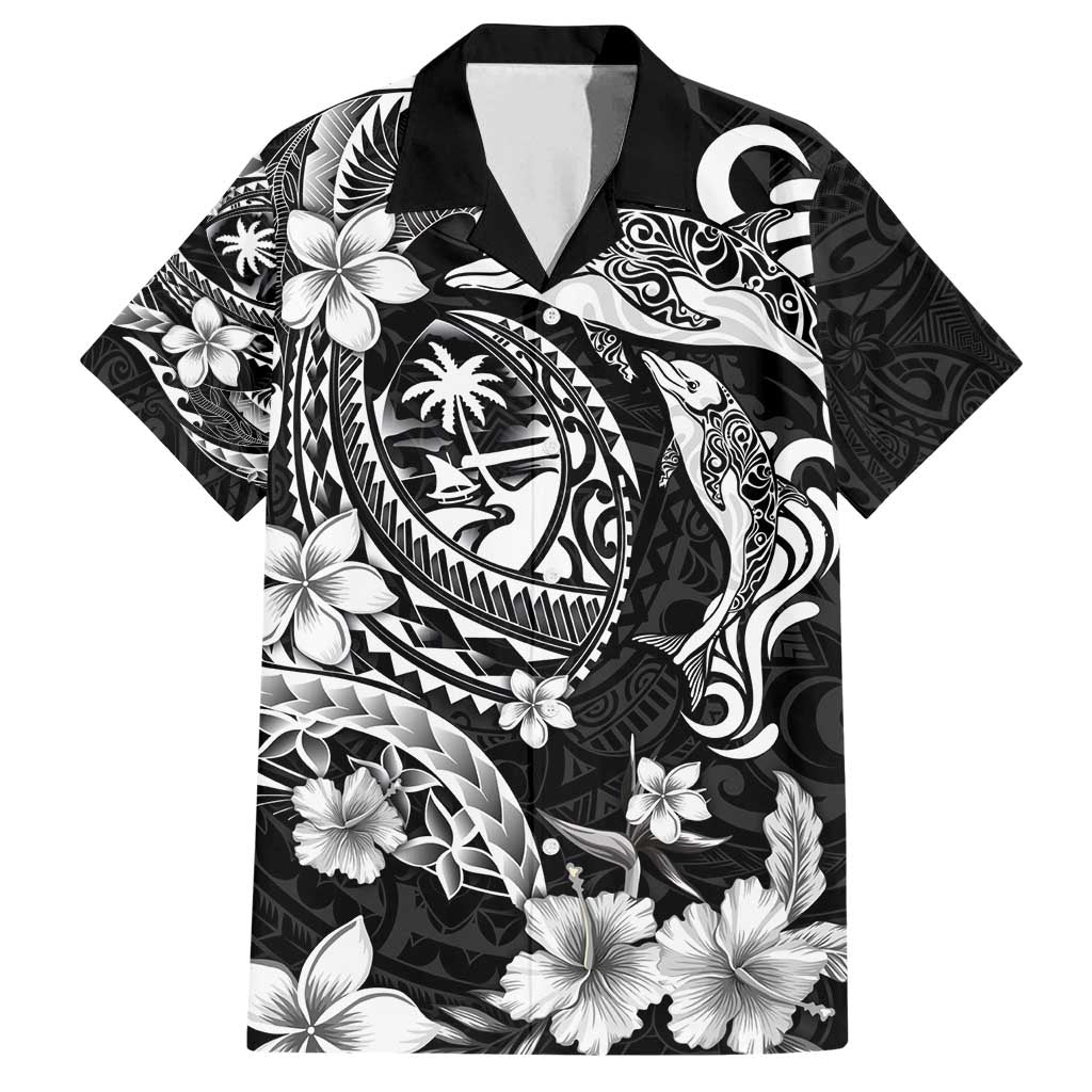 Guam Dolphins Tribal Tattoo Family Matching Puletasi and Hawaiian Shirt Polynesian Art and Tropical Flower Grayscale