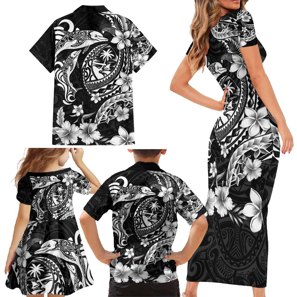 Guam Dolphins Tribal Tattoo Family Matching Short Sleeve Bodycon Dress and Hawaiian Shirt Polynesian Art and Tropical Flower Grayscale