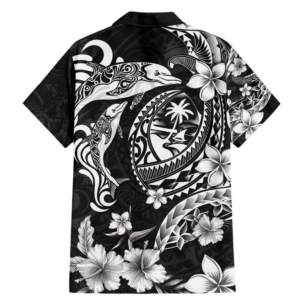 Guam Dolphins Tribal Tattoo Family Matching Short Sleeve Bodycon Dress and Hawaiian Shirt Polynesian Art and Tropical Flower Grayscale