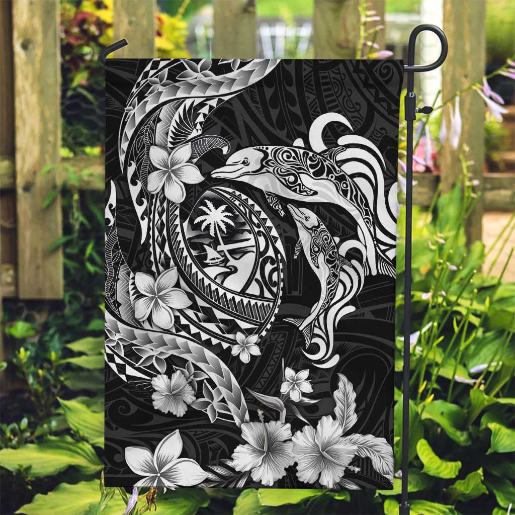 Guam Dolphins Tribal Tattoo Garden Flag Polynesian Art and Tropical Flower Grayscale