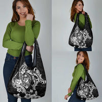 Guam Dolphins Tribal Tattoo Grocery Bag Polynesian Art and Tropical Flower Grayscale