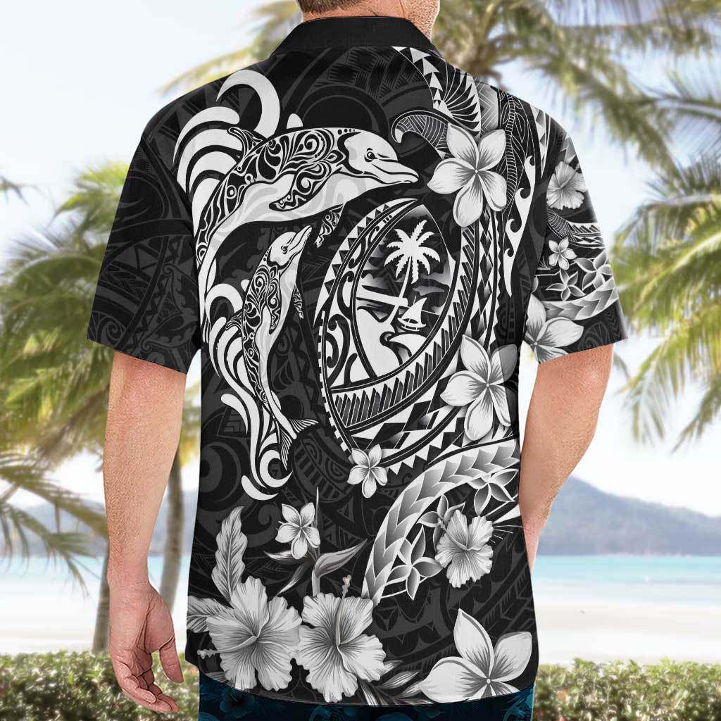 Guam Dolphins Tribal Tattoo Hawaiian Shirt Polynesian Art and Tropical Flower Grayscale