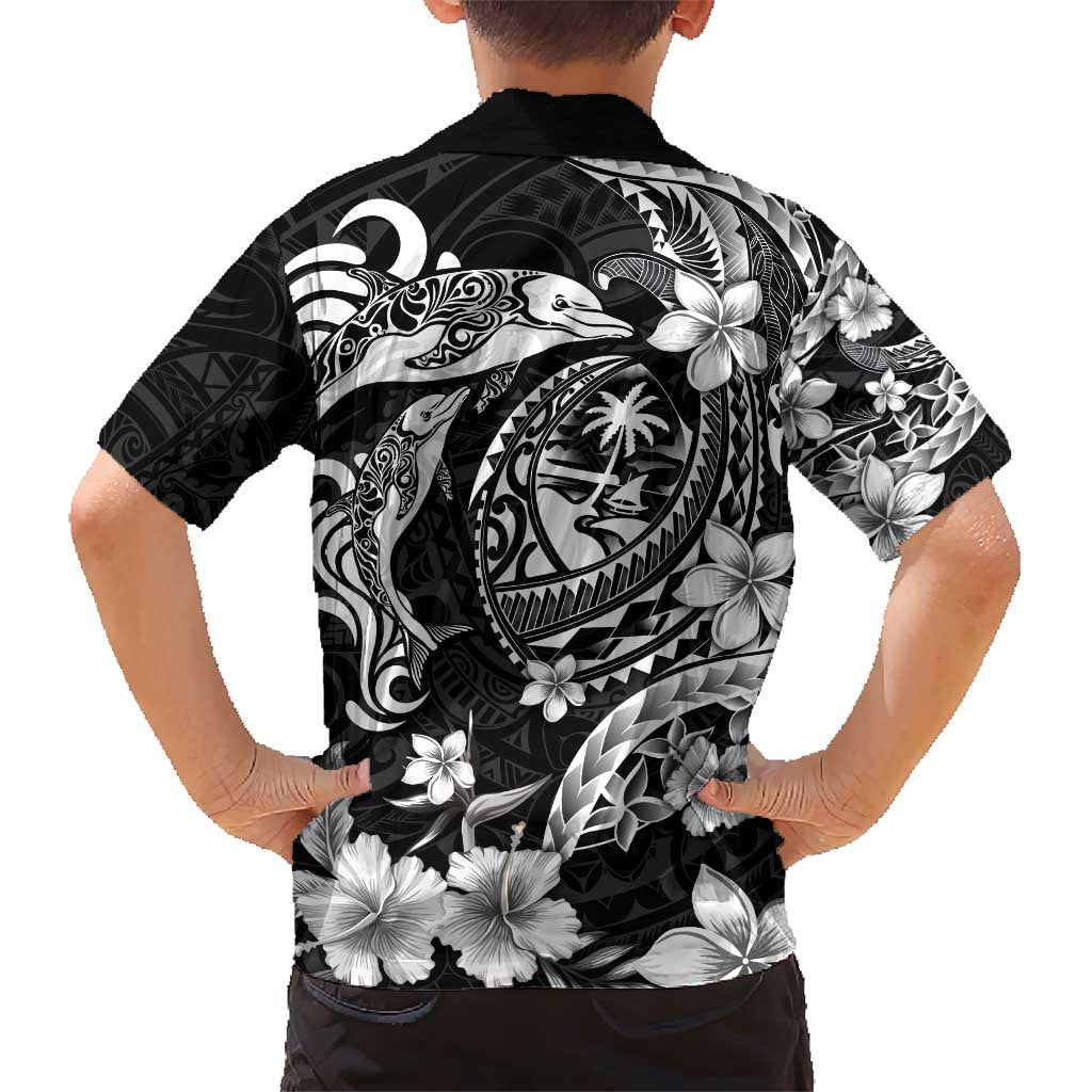 Guam Dolphins Tribal Tattoo Hawaiian Shirt Polynesian Art and Tropical Flower Grayscale