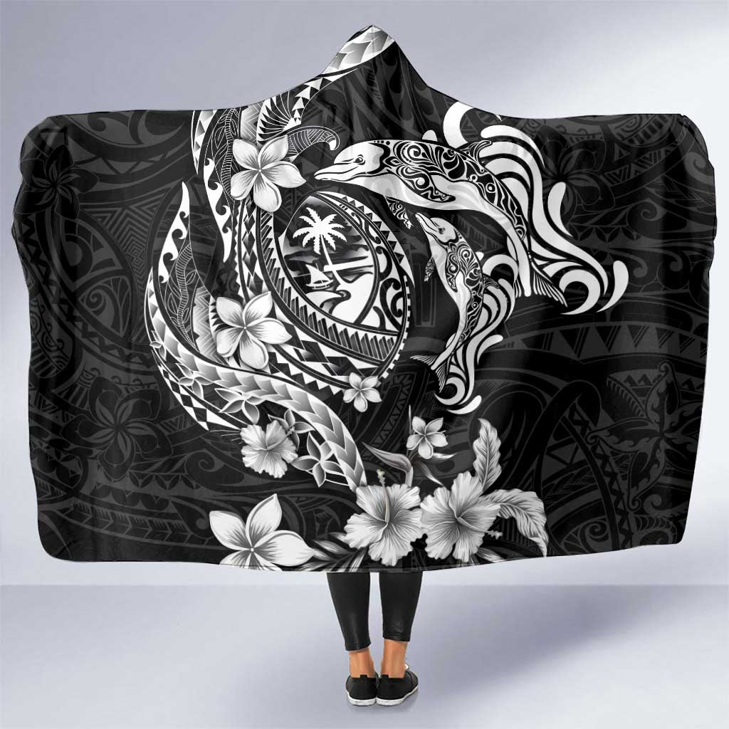 Guam Dolphins Tribal Tattoo Hooded Blanket Polynesian Art and Tropical Flower Grayscale