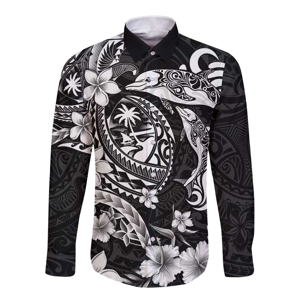 Guam Dolphins Tribal Tattoo Long Sleeve Button Shirt Polynesian Art and Tropical Flower Grayscale