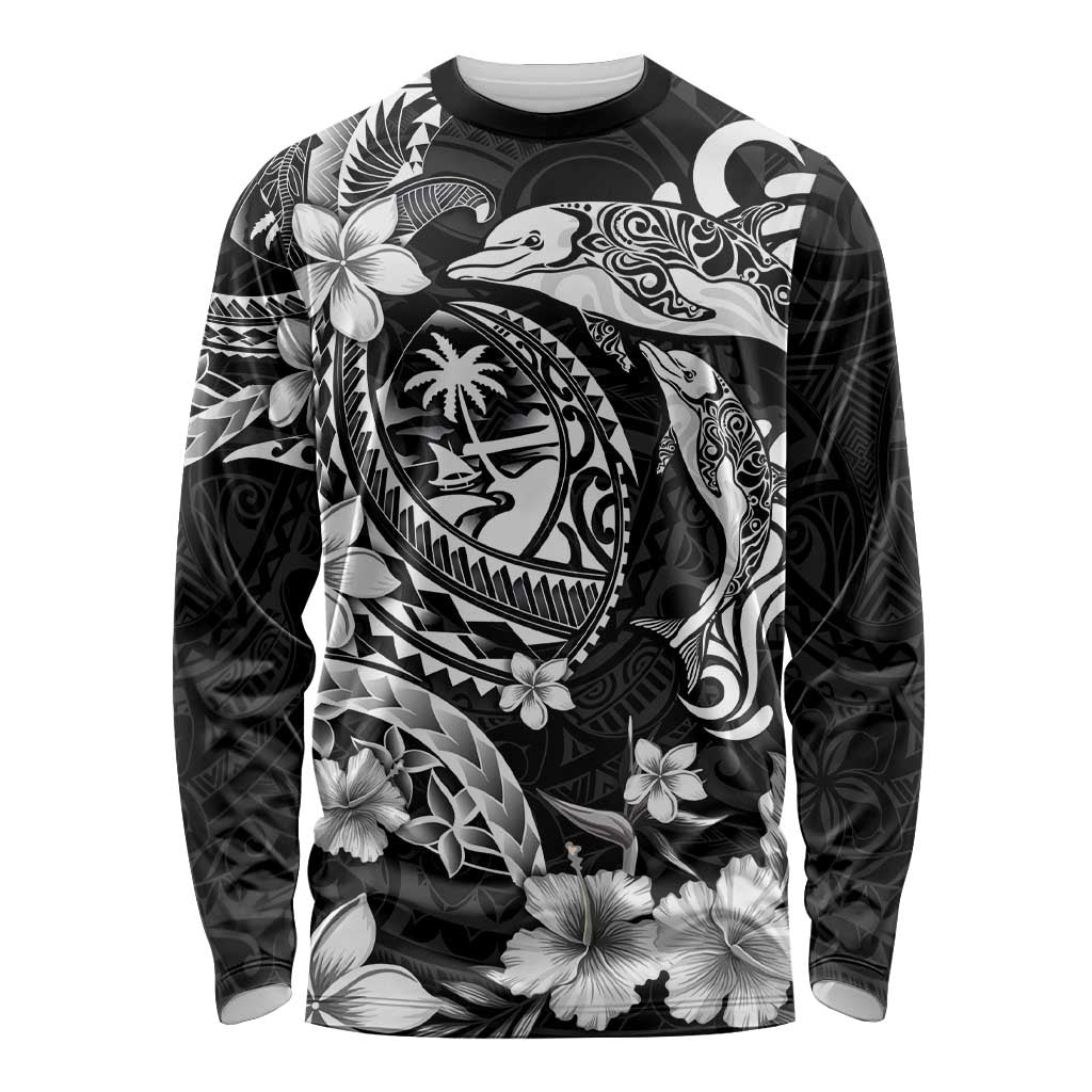 Guam Dolphins Tribal Tattoo Long Sleeve Shirt Polynesian Art and Tropical Flower Grayscale