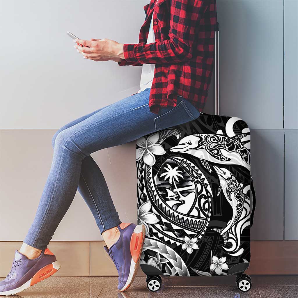 Guam Dolphins Tribal Tattoo Luggage Cover Polynesian Art and Tropical Flower Grayscale