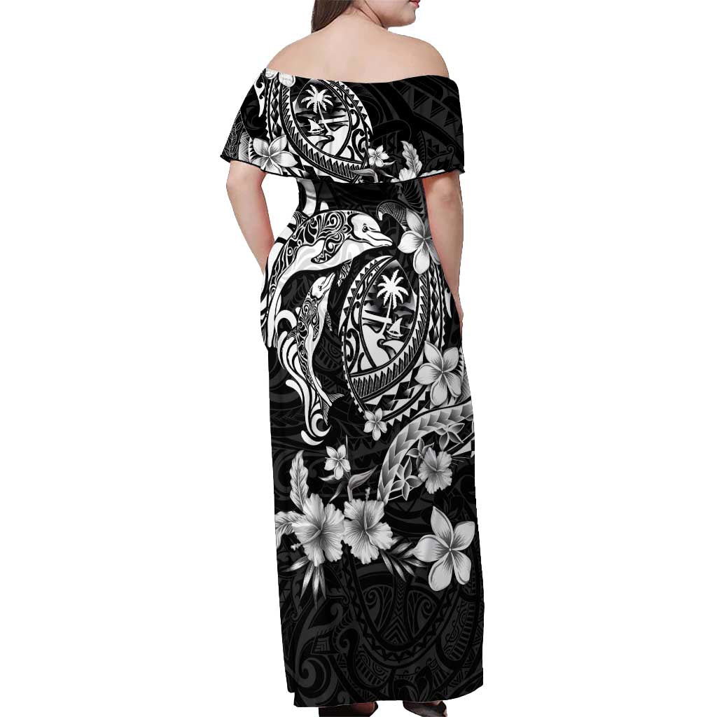 Guam Dolphins Tribal Tattoo Off Shoulder Maxi Dress Polynesian Art and Tropical Flower Grayscale
