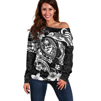 Guam Dolphins Tribal Tattoo Off Shoulder Sweater Polynesian Art and Tropical Flower Grayscale