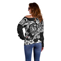 Guam Dolphins Tribal Tattoo Off Shoulder Sweater Polynesian Art and Tropical Flower Grayscale