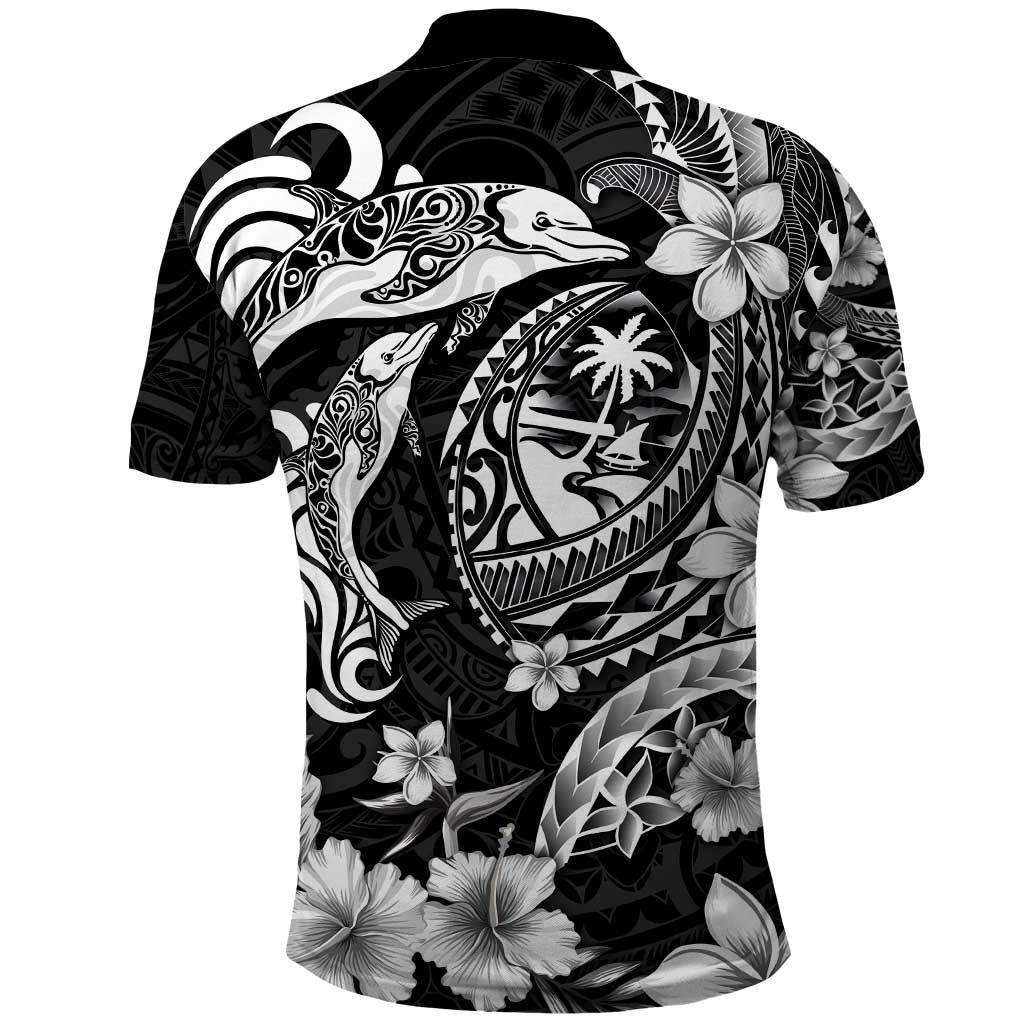 Guam Dolphins Tribal Tattoo Polo Shirt Polynesian Art and Tropical Flower Grayscale