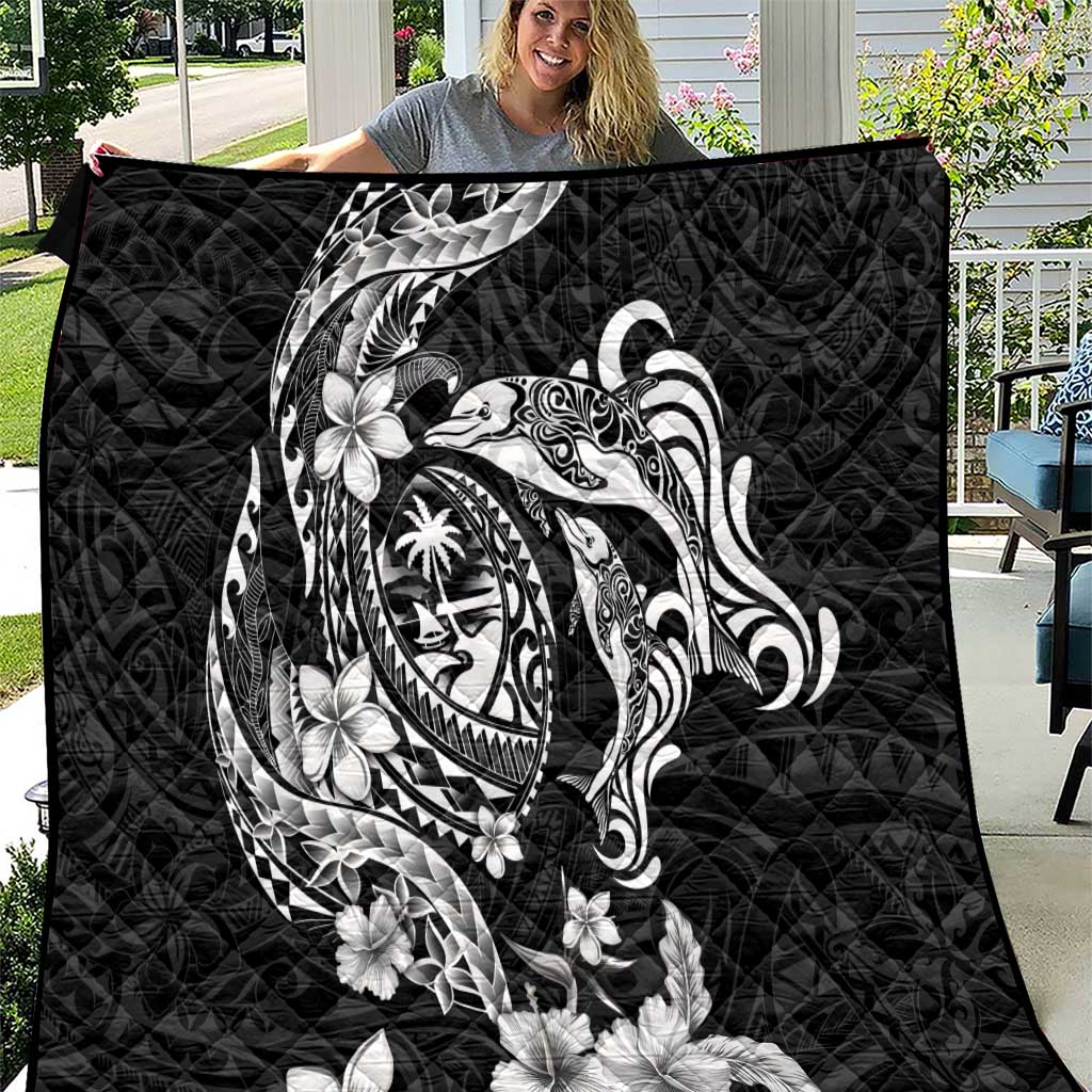 Guam Dolphins Tribal Tattoo Quilt Polynesian Art and Tropical Flower Grayscale