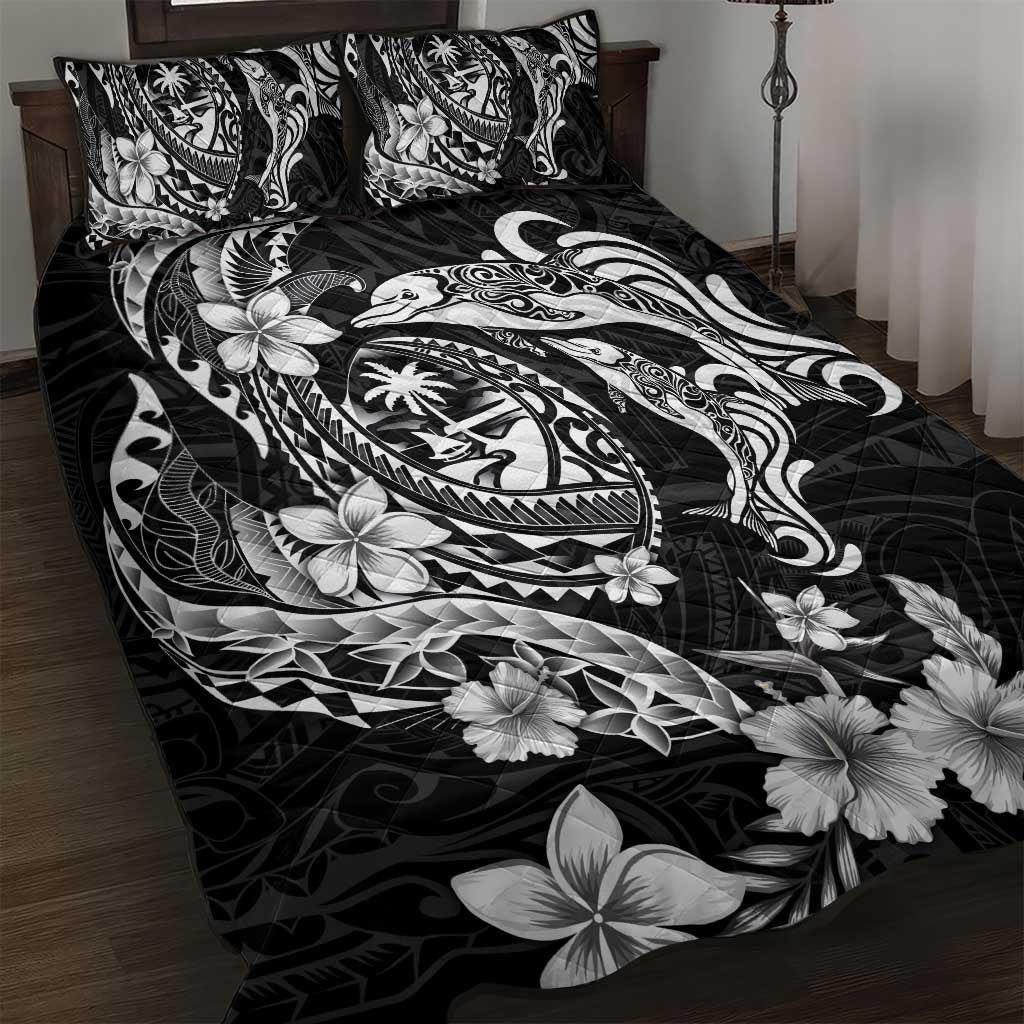 Guam Dolphins Tribal Tattoo Quilt Bed Set Polynesian Art and Tropical Flower Grayscale