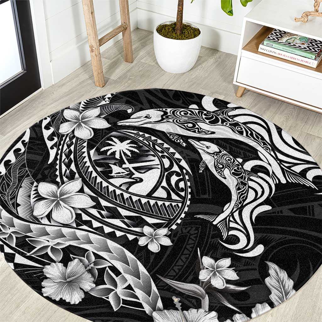 Guam Dolphins Tribal Tattoo Round Carpet Polynesian Art and Tropical Flower Grayscale