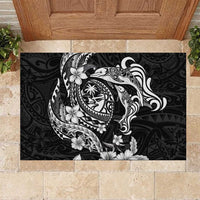 Guam Dolphins Tribal Tattoo Rubber Doormat Polynesian Art and Tropical Flower Grayscale
