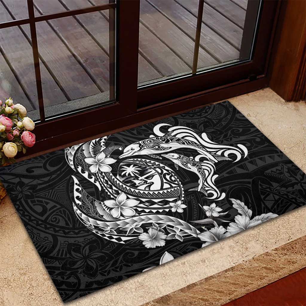 Guam Dolphins Tribal Tattoo Rubber Doormat Polynesian Art and Tropical Flower Grayscale