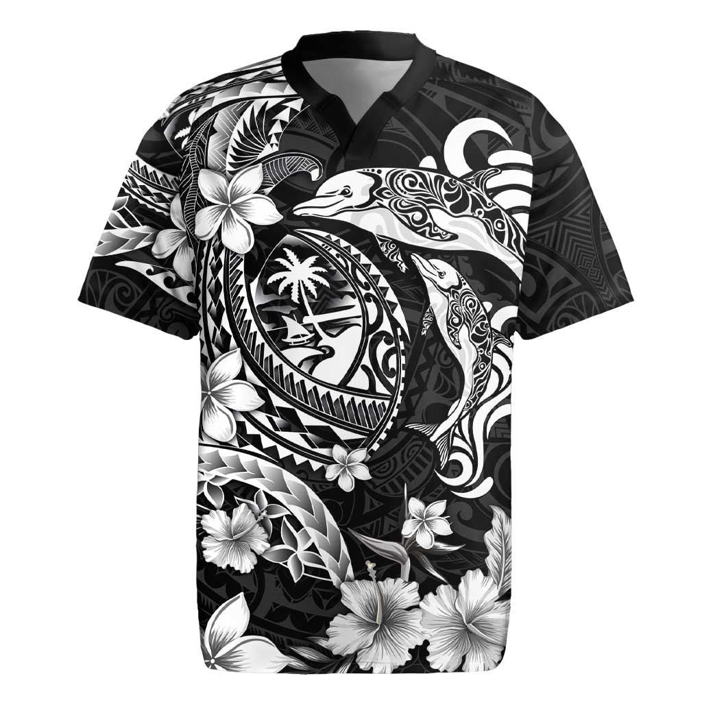 Guam Dolphins Tribal Tattoo Rugby Jersey Polynesian Art and Tropical Flower Grayscale