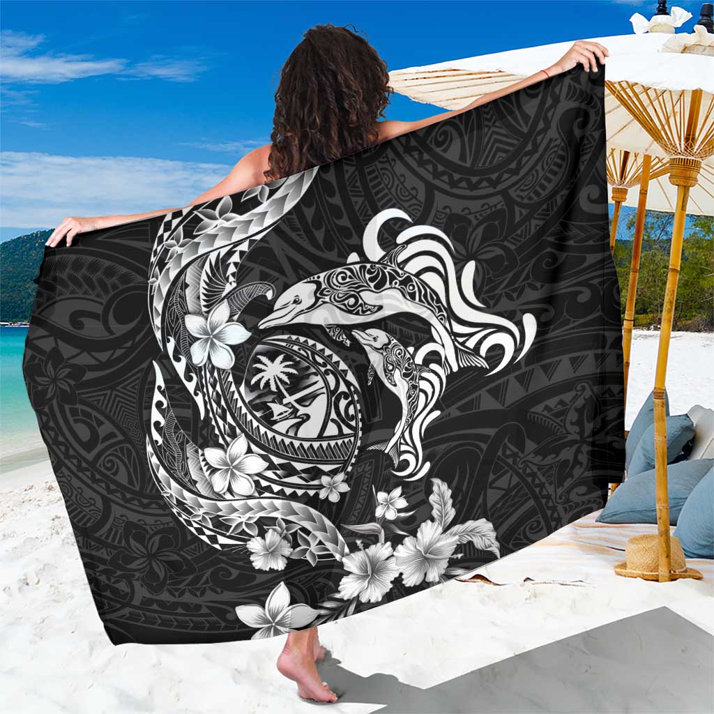 Guam Dolphins Tribal Tattoo Sarong Polynesian Art and Tropical Flower Grayscale