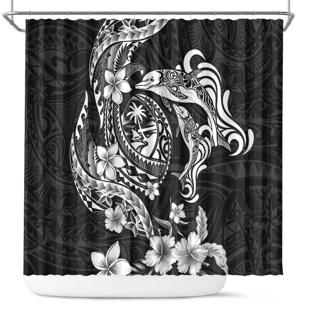 Guam Dolphins Tribal Tattoo Shower Curtain Polynesian Art and Tropical Flower Grayscale
