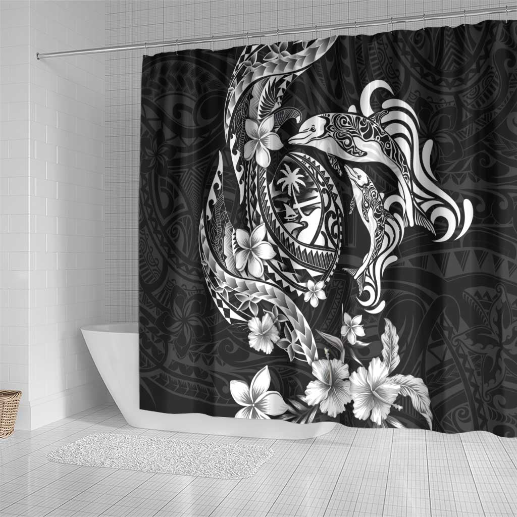 Guam Dolphins Tribal Tattoo Shower Curtain Polynesian Art and Tropical Flower Grayscale