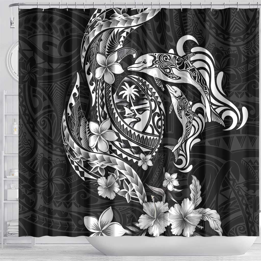 Guam Dolphins Tribal Tattoo Shower Curtain Polynesian Art and Tropical Flower Grayscale