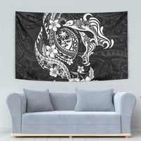 Guam Dolphins Tribal Tattoo Tapestry Polynesian Art and Tropical Flower Grayscale