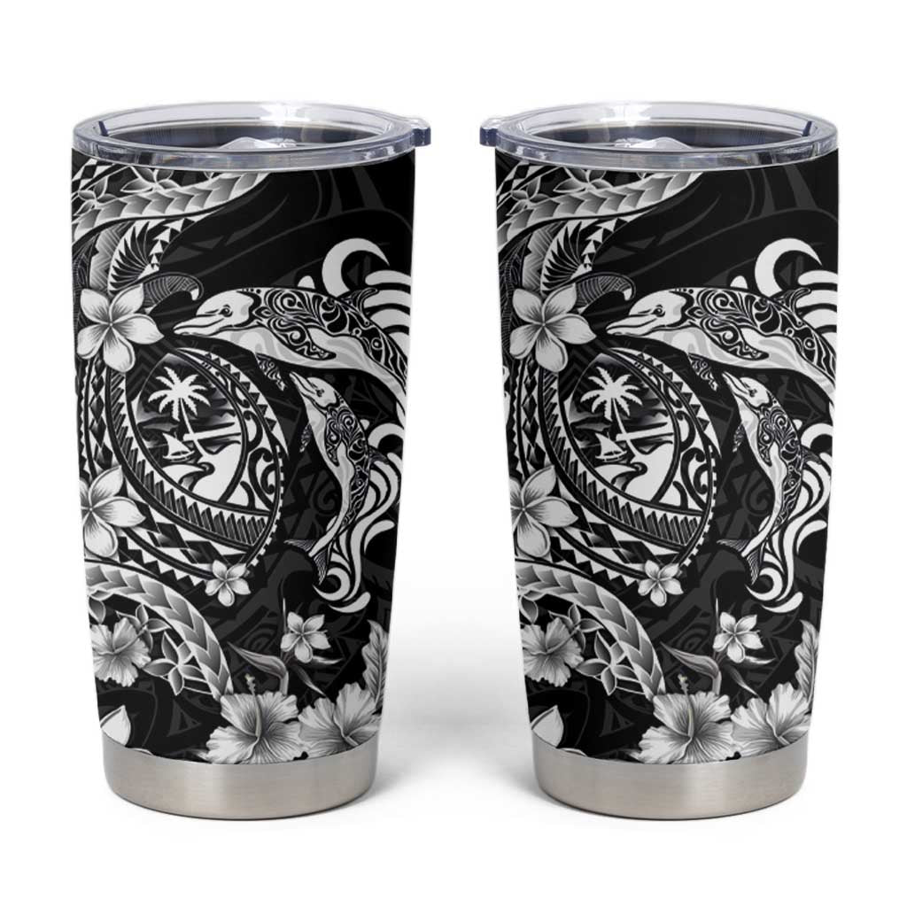 Guam Dolphins Tribal Tattoo Tumbler Cup Polynesian Art and Tropical Flower Grayscale